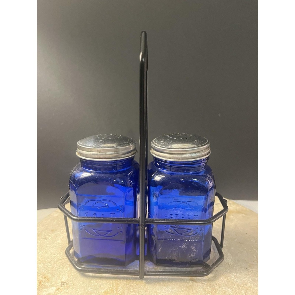 Vintage Cobalt Blue King's Crown Salt and Pepper Shakers with Carry Set